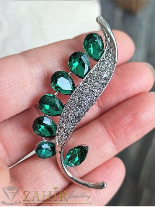 Дамски бижута - Елегантна брошка с големи зелени и малки бели кристали на сребриста основа, размер 6 на 2 см, прецизна изработка - B1355